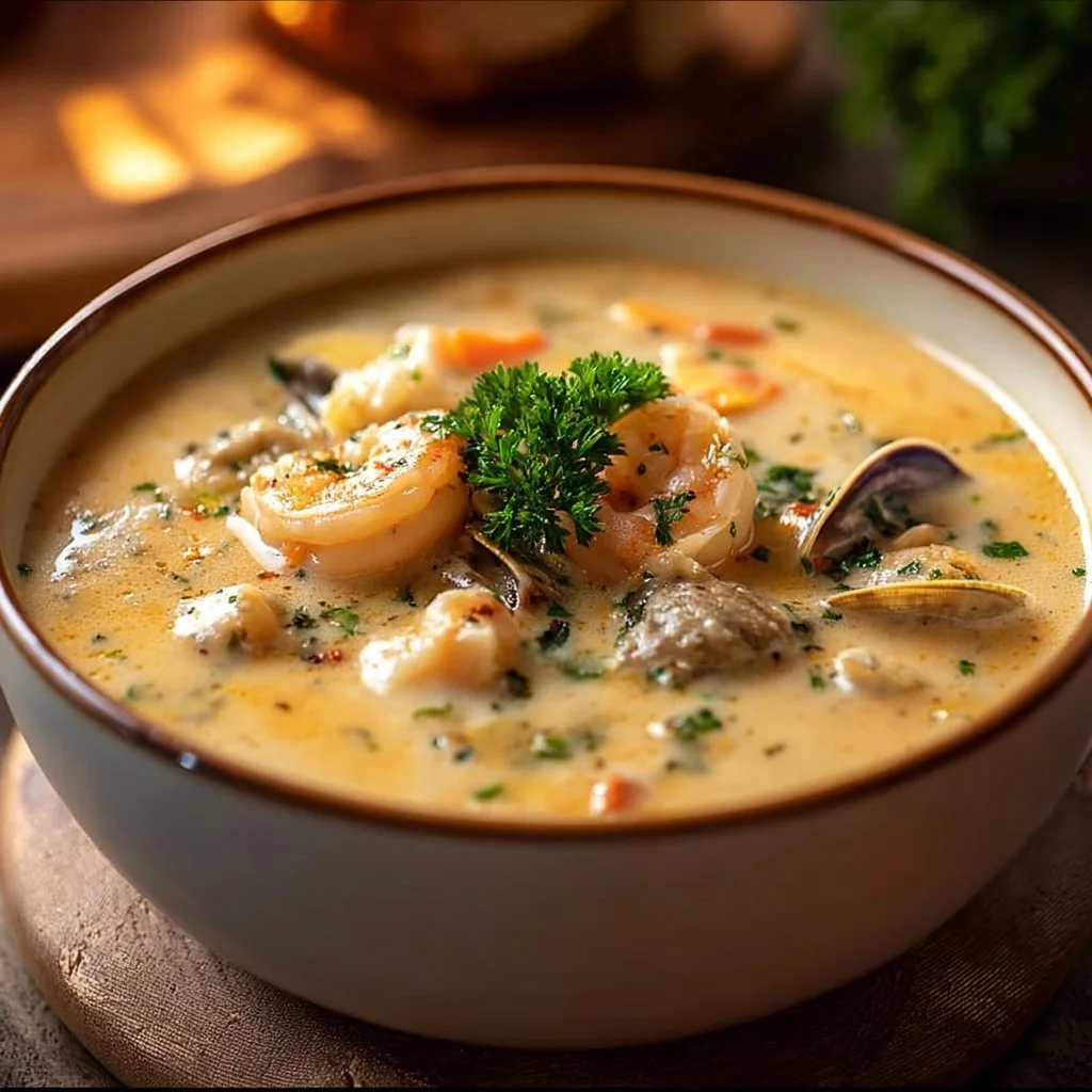 Delicious bowl of seafood chowder with shrimp, clams, and fresh herbs