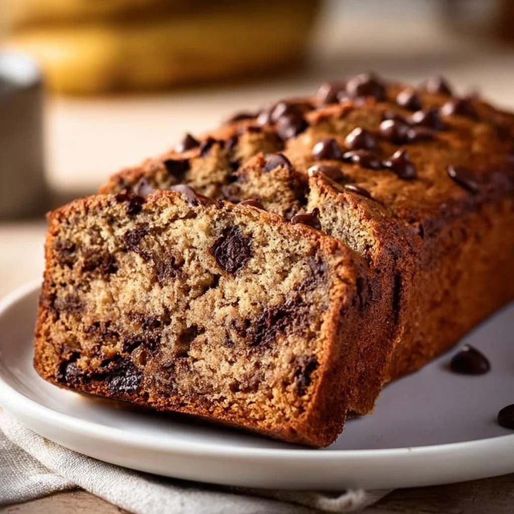 Sour Cream Chocolate Chip Banana Bread with moist texture and chocolate chips