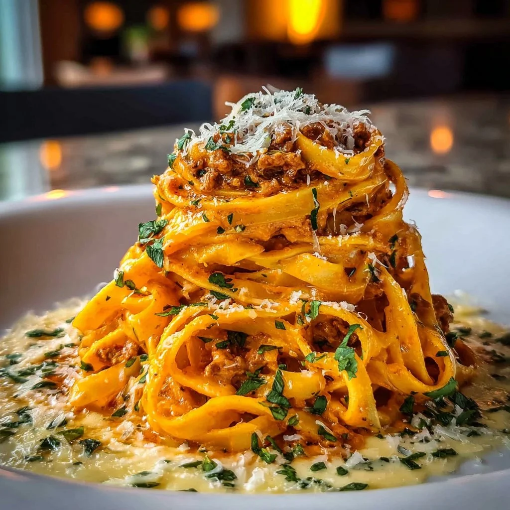 Spicy Garlic Beef Fettuccine served in creamy provolone sauce