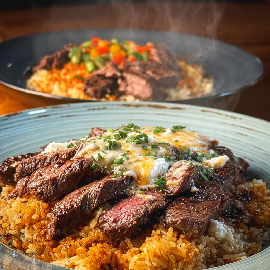 Delicious steak queso rice served in a bowl, topped with melted cheese.