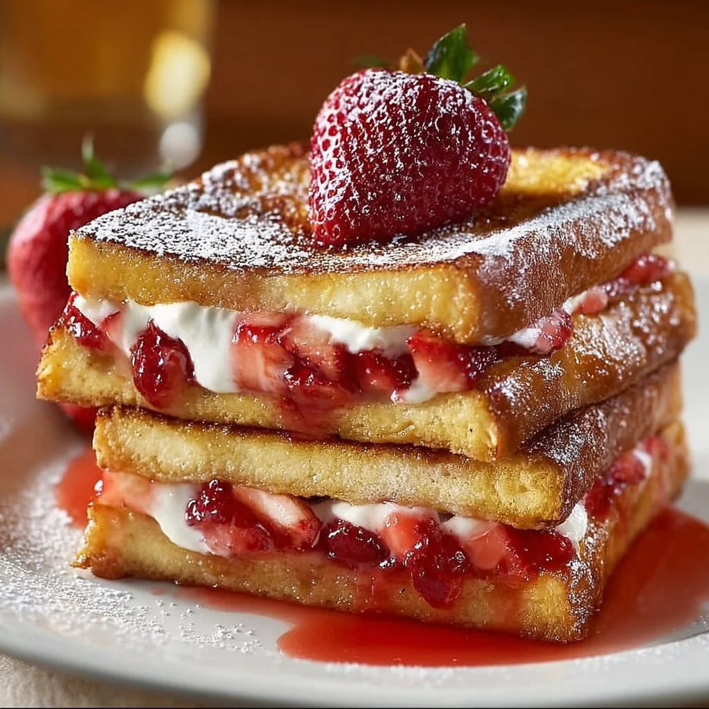 Delicious strawberry cheesecake stuffed French toast drizzled with syrup