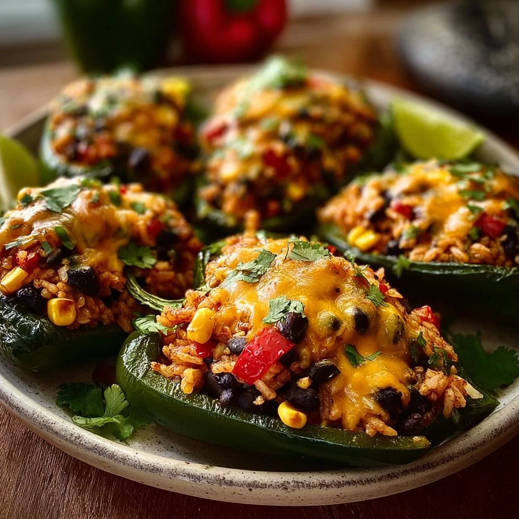 Delicious stuffed poblano peppers ready to serve with flavorful filling.