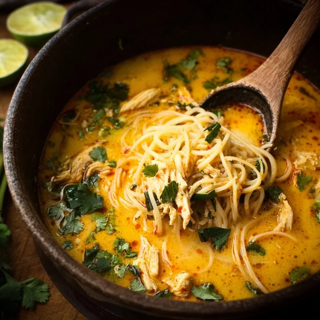 Bowl of Thai Chicken Curry Soup with vibrant vegetables and aromatic spices