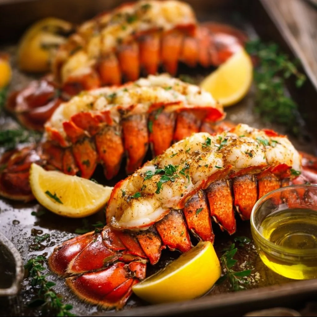 Buttery and easy lobster tail recipe served on a plate with lemon and herbs.