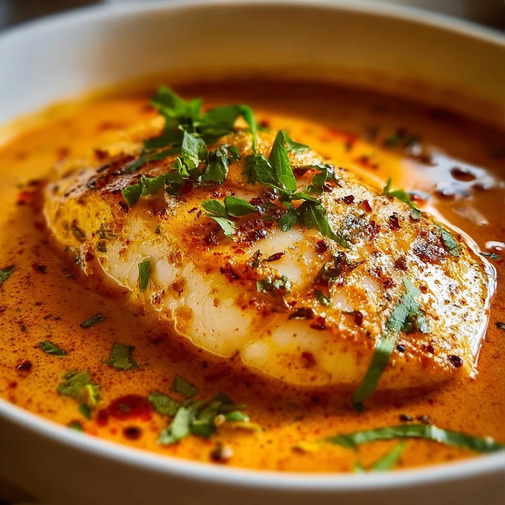 Delicious tilapia fillet in roasted pepper sauce served with fresh herbs