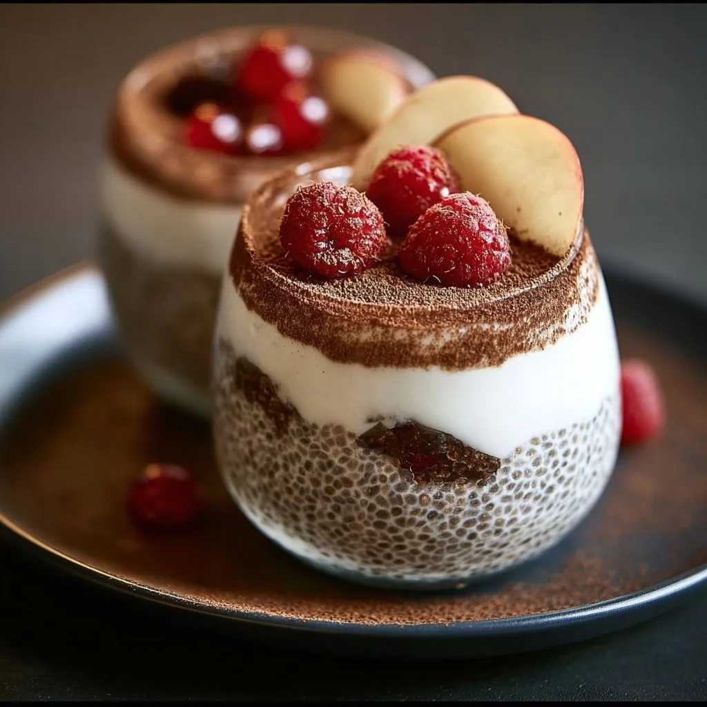 Tiramisu chia pudding topped with Greek yogurt and cocoa powder in a glass