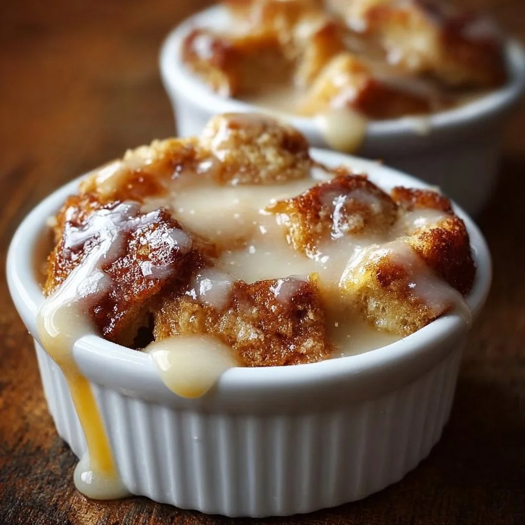 Delicious traditional bread pudding served with a drizzle of caramel sauce.