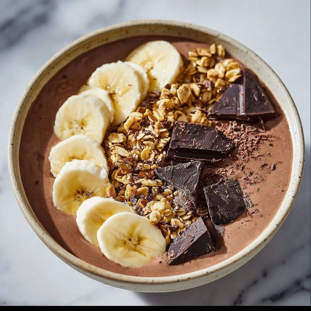 Delicious ultimate chocolate banana smoothie bowl topped with fresh fruits and nuts