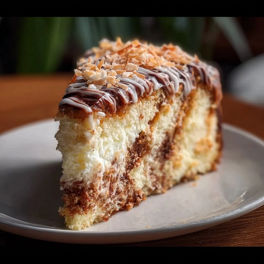 Ultimate White German Chocolate Cake with Cheesecake Swirl slice on a plate