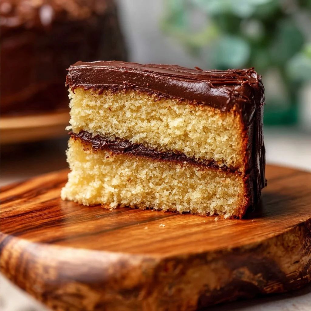 Delicious vanilla cake topped with rich chocolate frosting on a plate