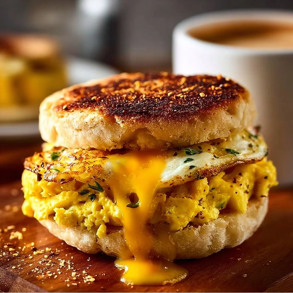 Viral egg sandwich muffin served on a plate with fresh ingredients.