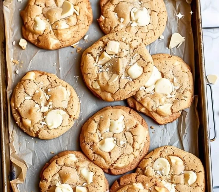 Freshly baked white chocolate chip cookies on a baking sheet.