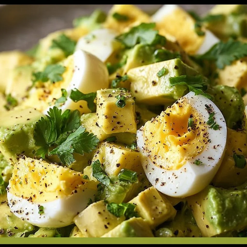 Delicious Avocado Egg Salad in a bowl, garnished with fresh herbs