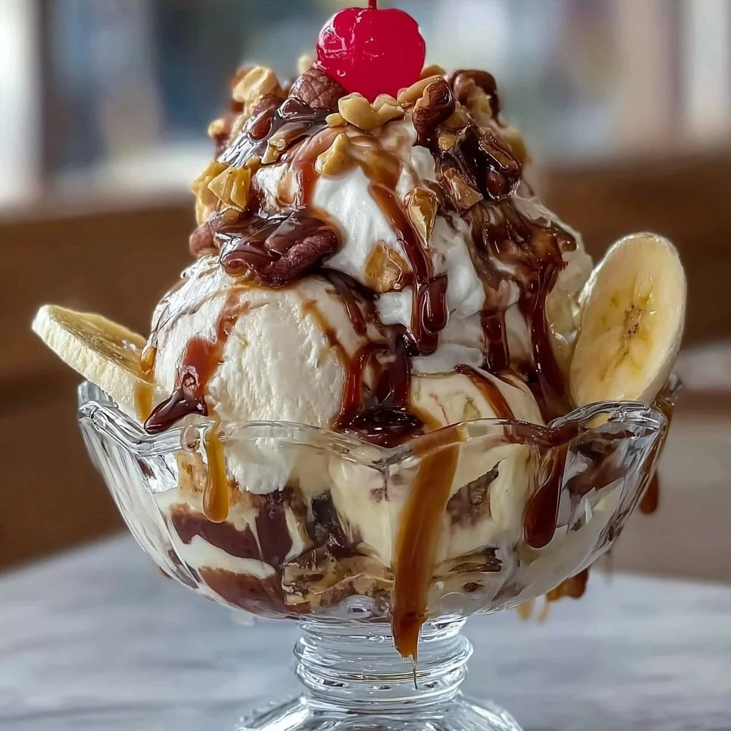 A colorful Banana Split Sundae with ice cream, bananas, and toppings in a glass bowl.