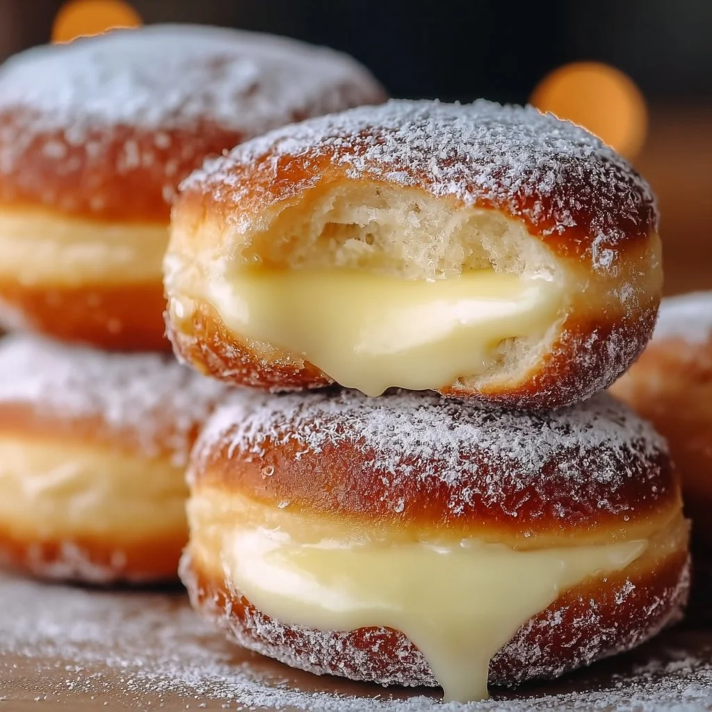 Bavarian cream-filled donuts topped with powdered sugar on a plate