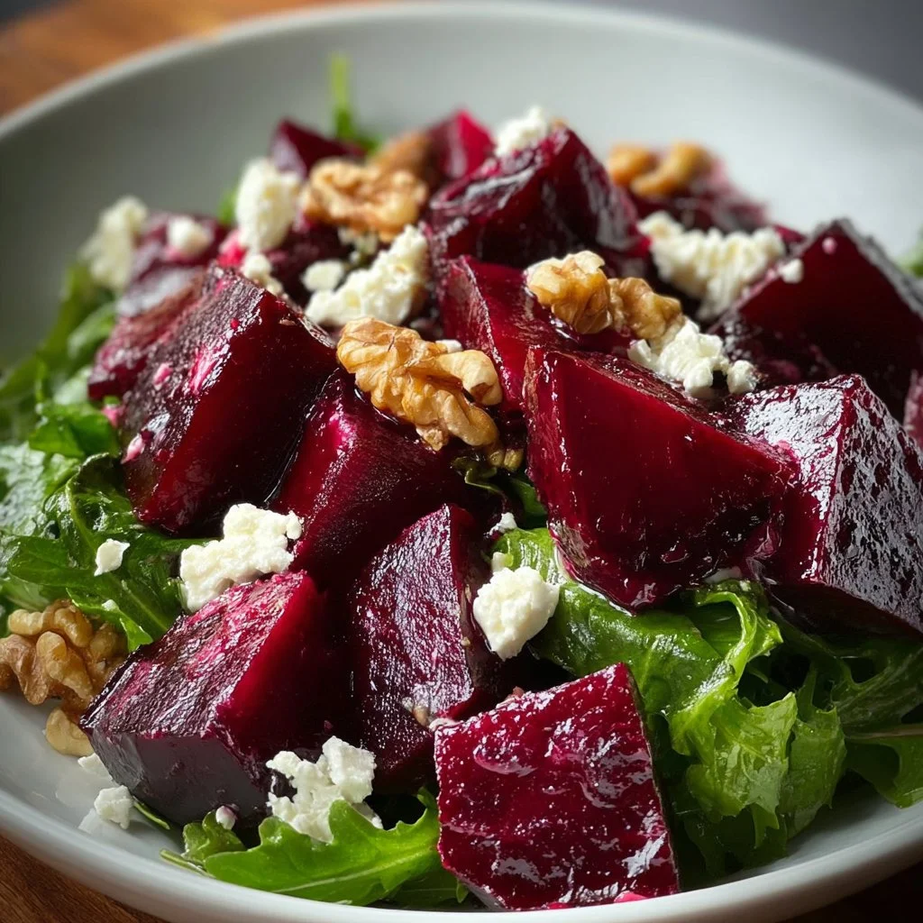 Beetroot and walnut salad served on a plate, garnished with fresh herbs.