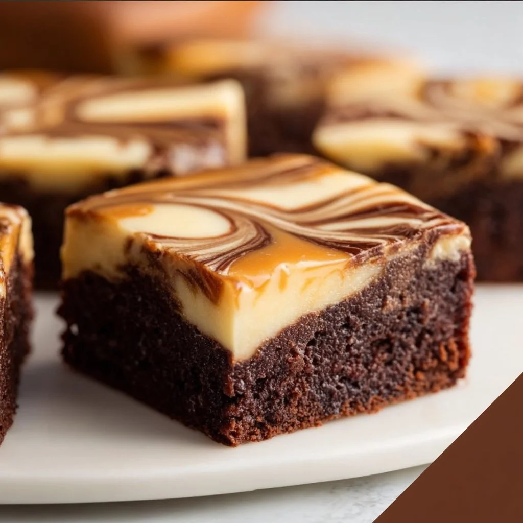 Decadent coffee-infused caramel brownies on a rustic wooden table