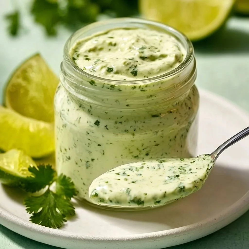 Creamy garlic-lime cilantro sauce in a bowl, garnished with cilantro leaves.