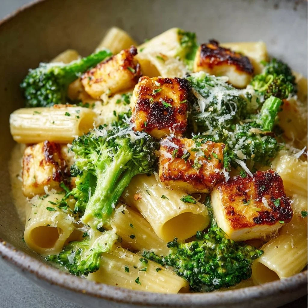 Plate of creamy halloumi pasta with garlic and broccoli