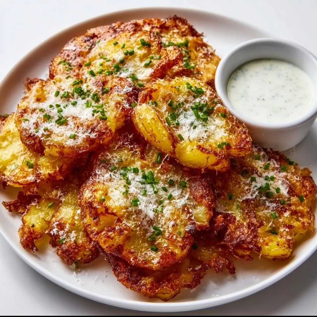 A plate of crispy garlic-Parmesan smashed potatoes garnished with herbs