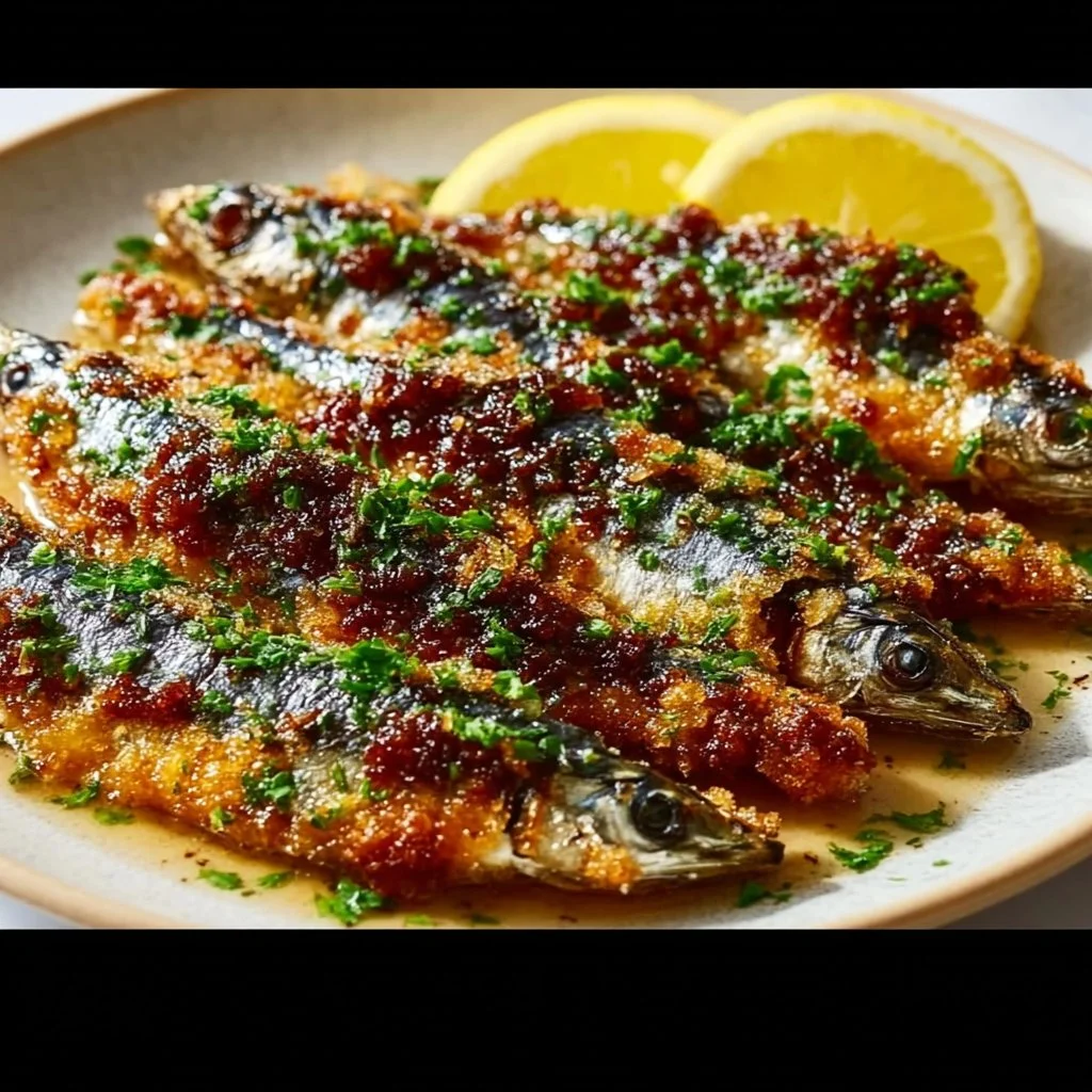 Dish of crispy sardines made in an air fryer, inspired by Portuguese cuisine.