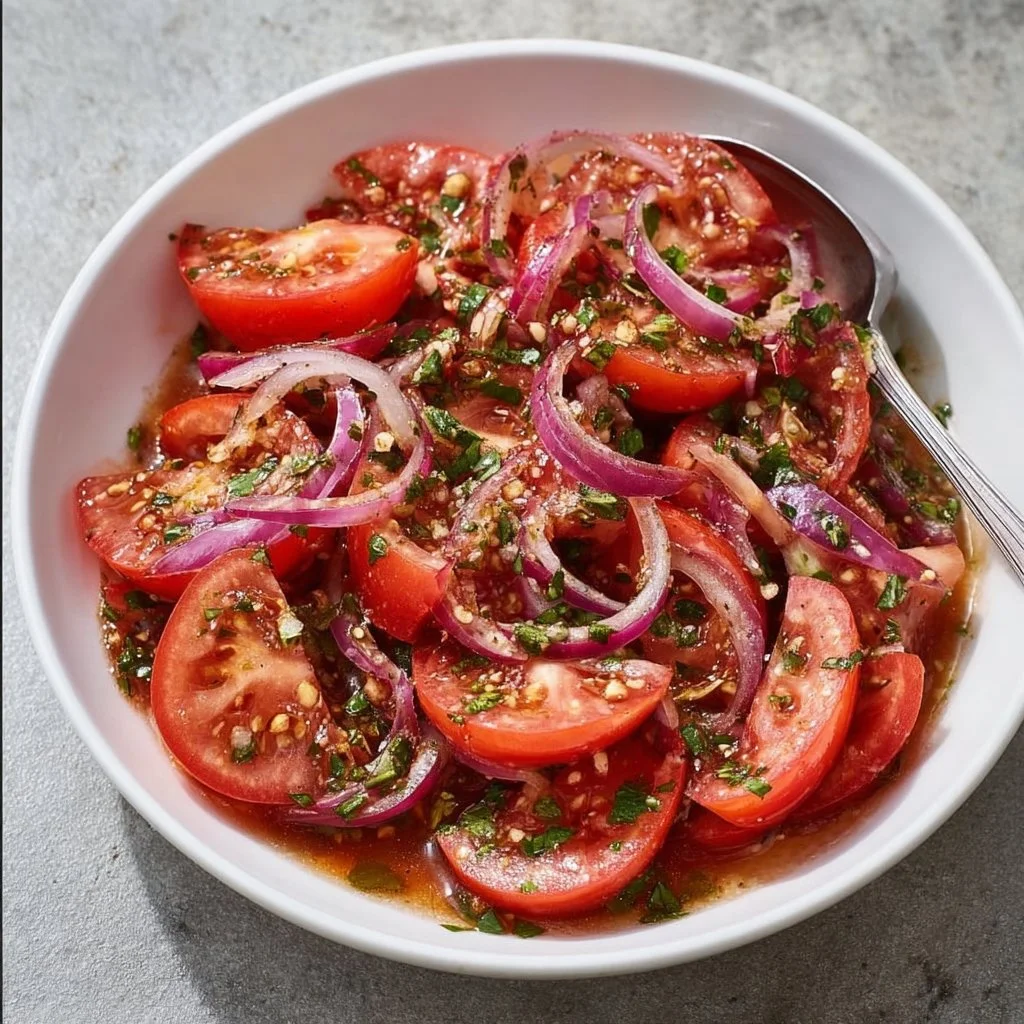 A vibrant bowl of fresh tomato salad with herbs and dressing