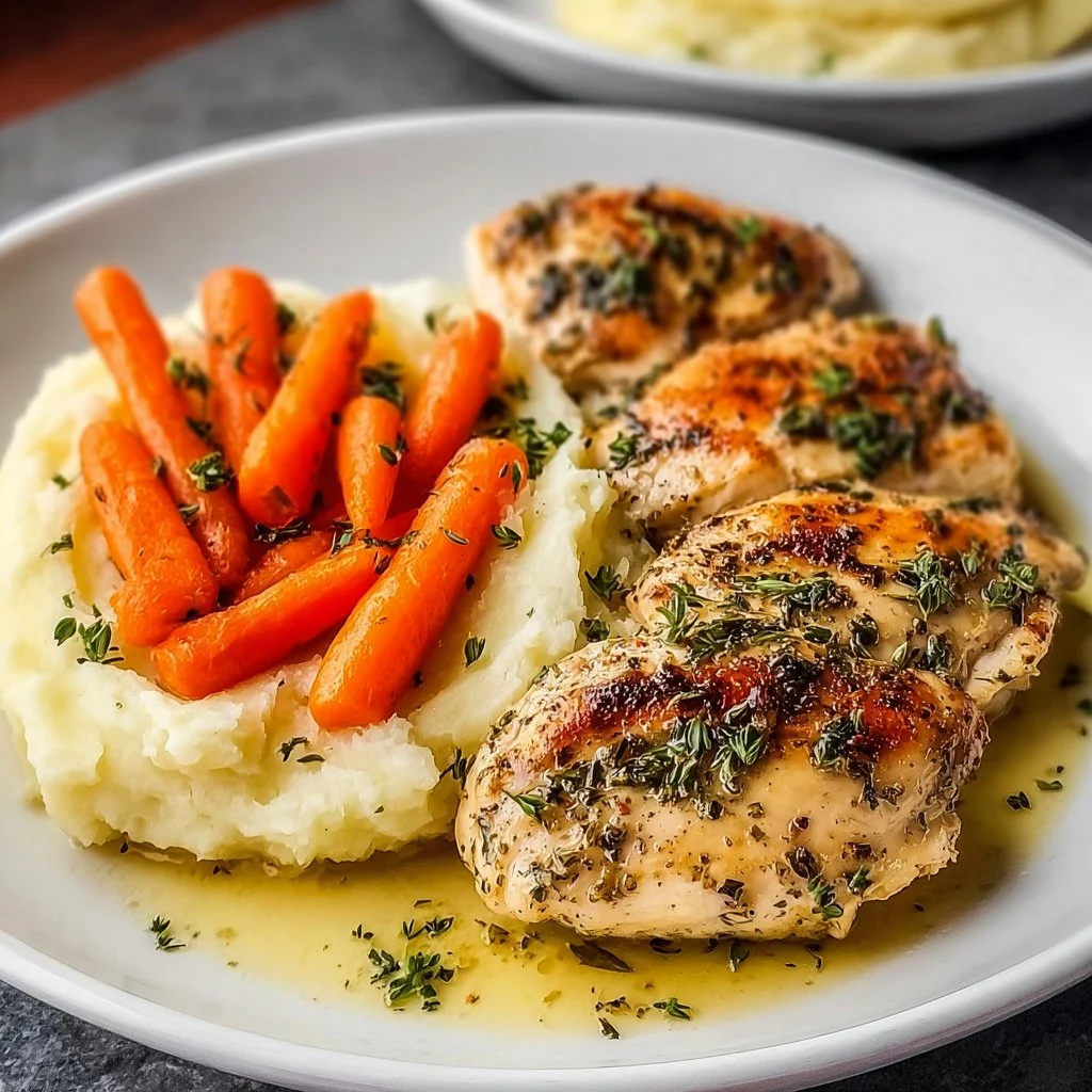 Delicious Garlic Herb Chicken served with mashed potatoes and glazed carrots