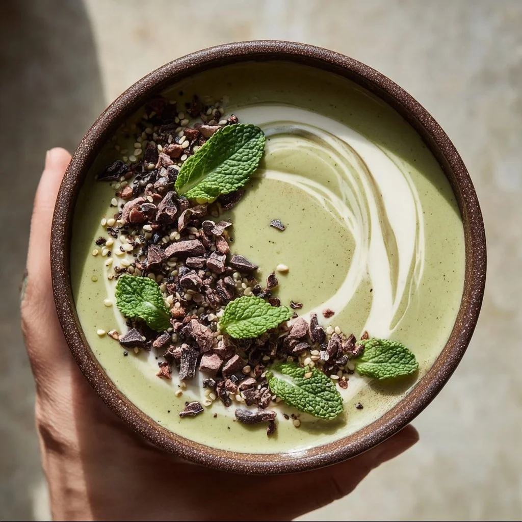 Mint-Chip Smoothie featuring a creamy texture and fresh mint leaves
