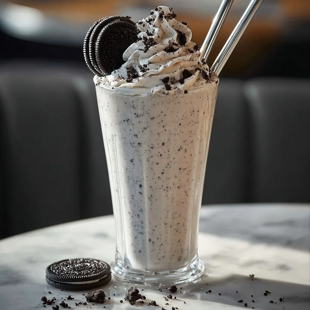 Oreo milkshake topped with whipped cream and crushed Oreos