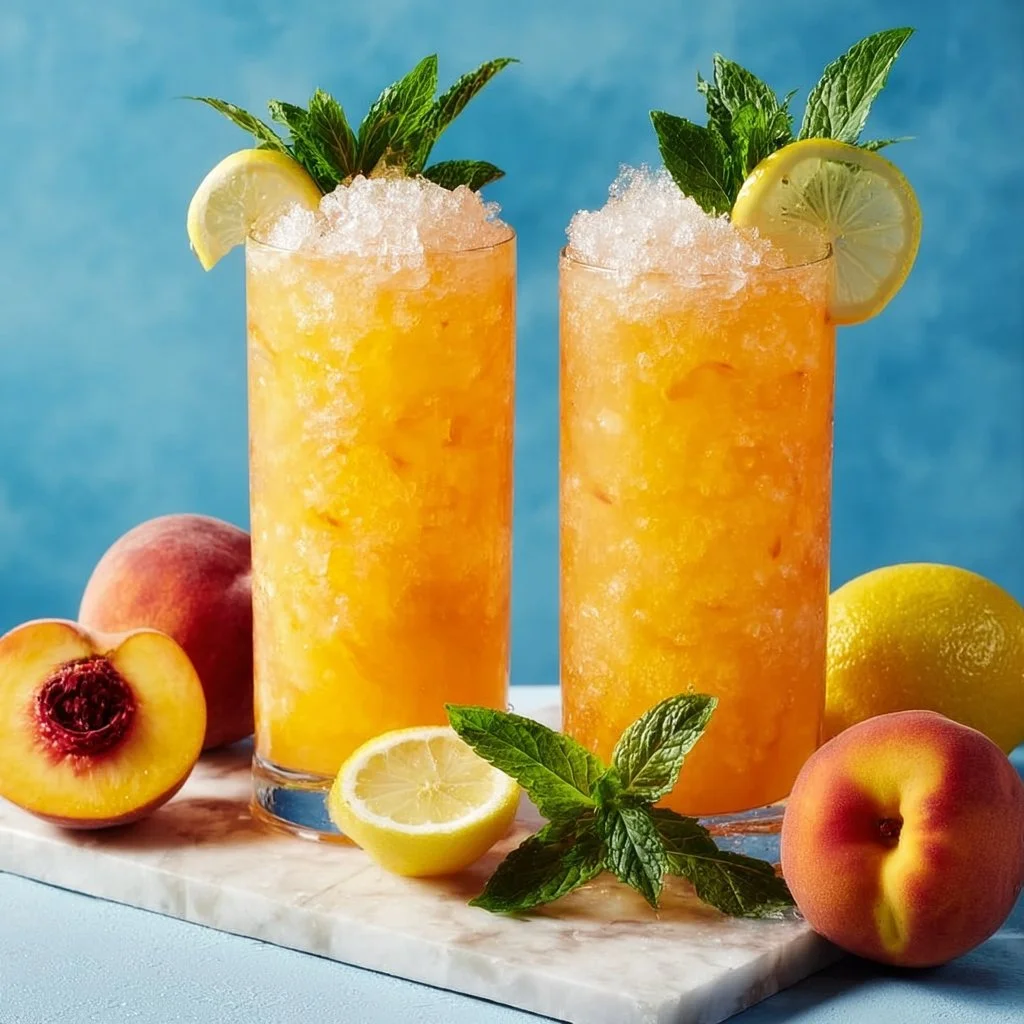 Delicious homemade Peach Lemonade in a glass with fresh peaches.