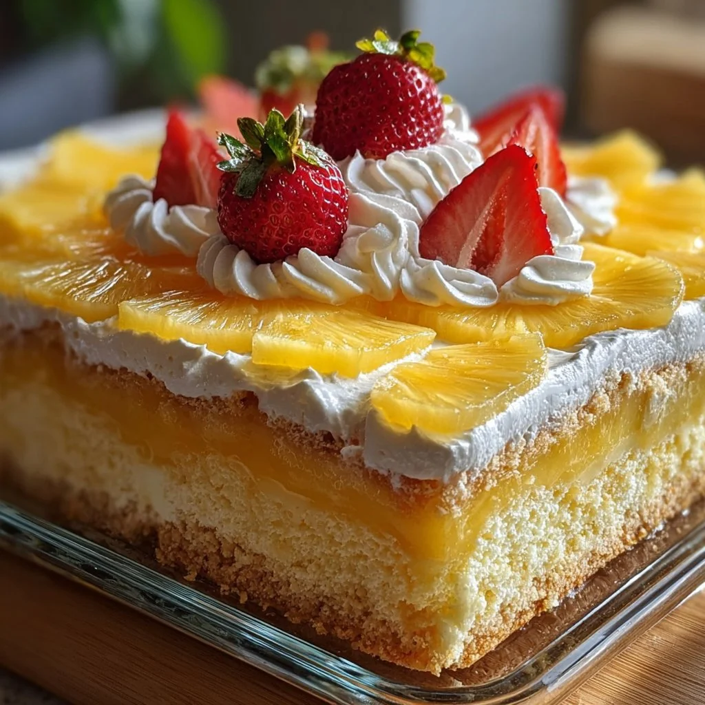Delicious Pineapple Sunshine Cake topped with fresh pineapple and whipped cream
