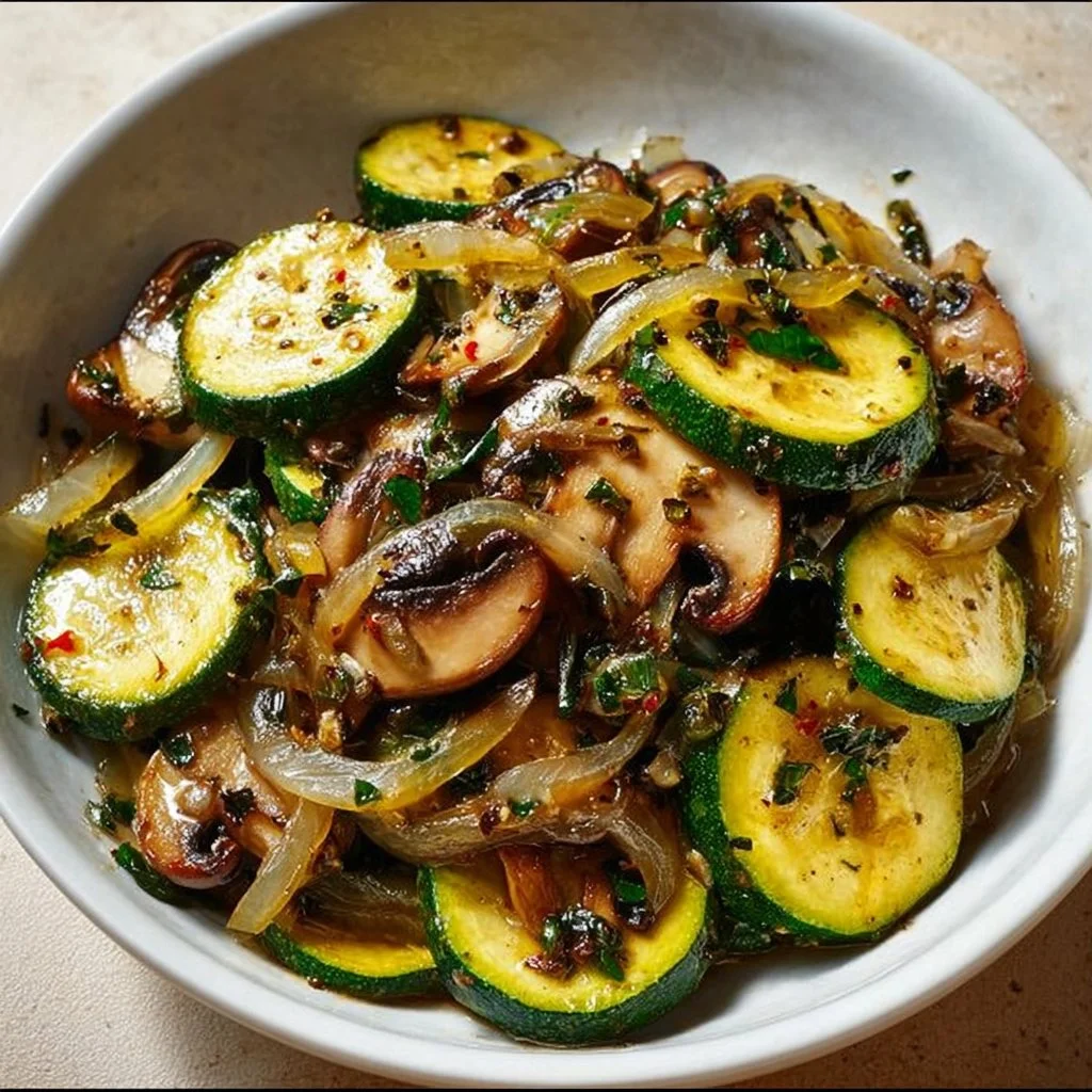 Sautéed zucchini with mushrooms and onions in a skillet
