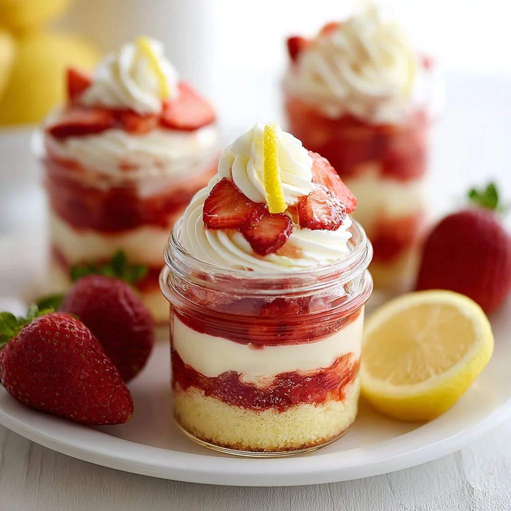 Strawberry Lemon Cake served in jars with fresh strawberries and lemon zest
