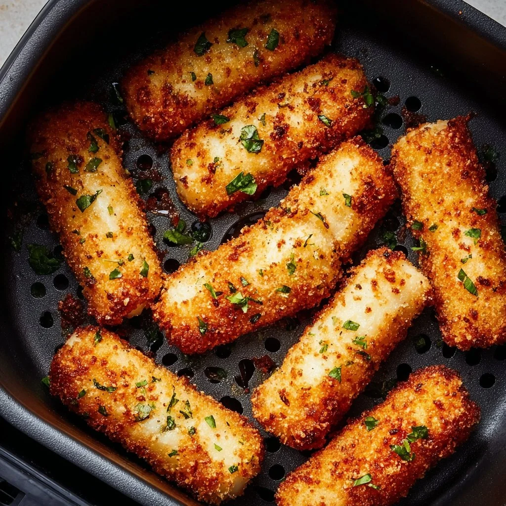 Crispy air fryer cheese sticks made with flour, served as a tasty snack.