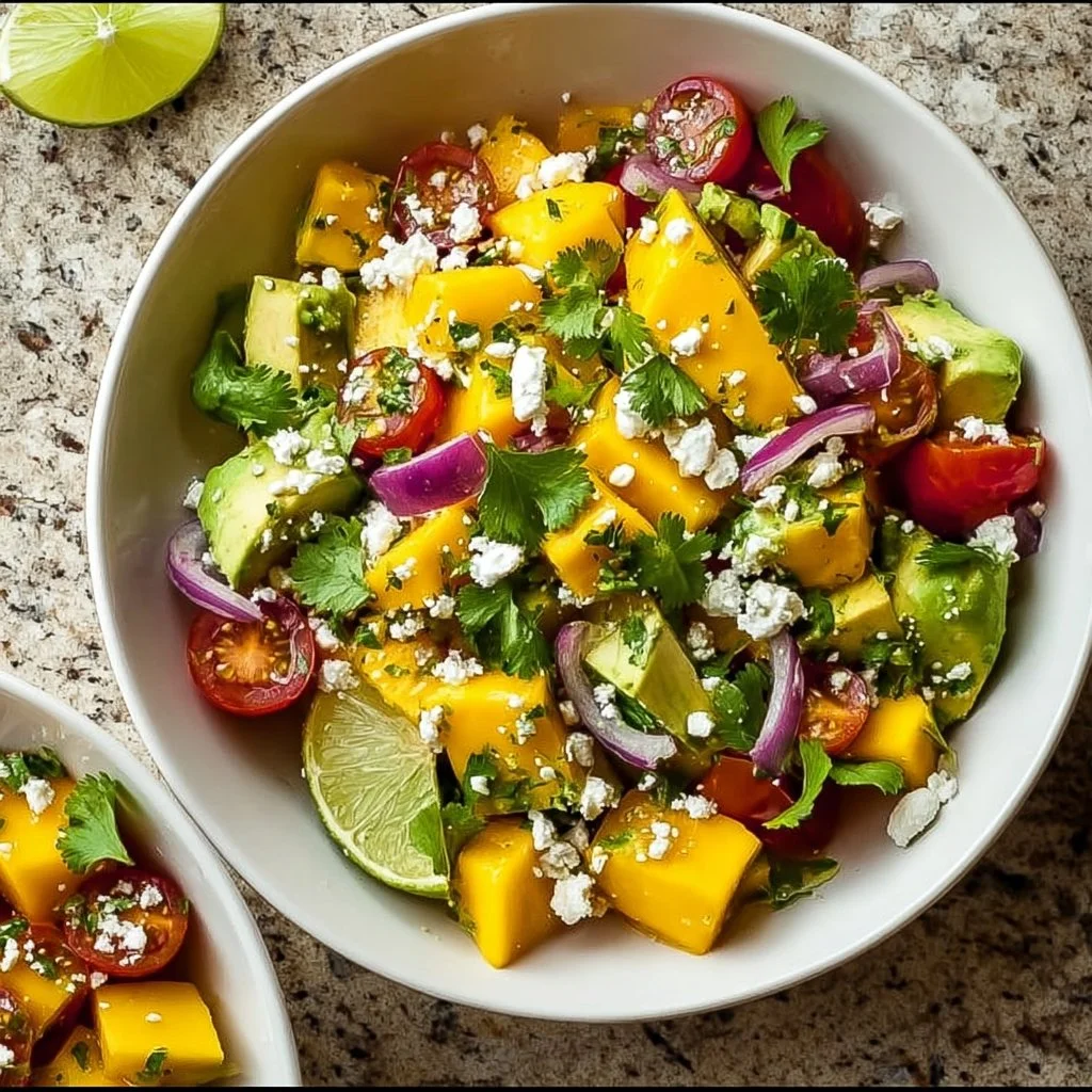 Avocado mango salad with lime dressing served in a bowl