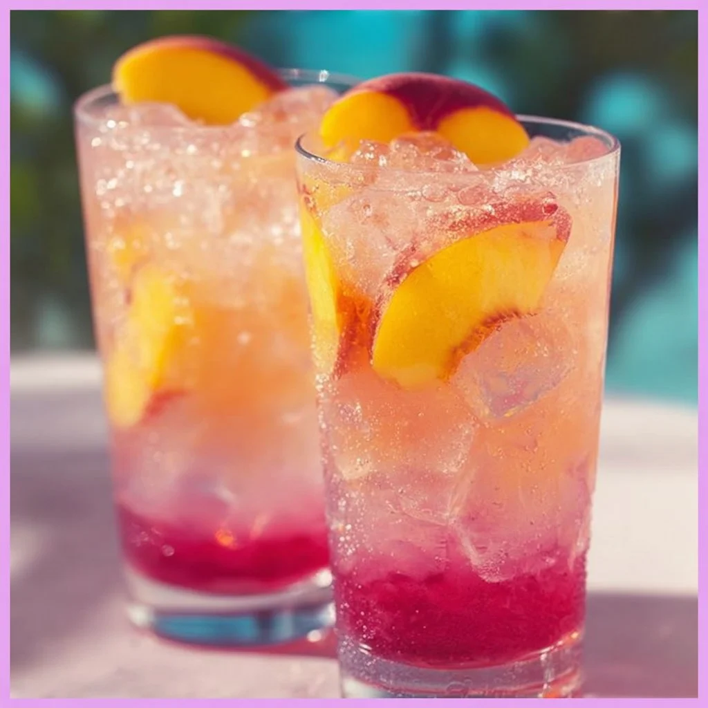 Refreshing Beach Peach Lemonade served in a glass with peaches and lemon slices