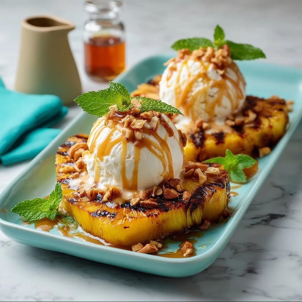 Delicious grilled pineapple served with a scoop of ice cream.