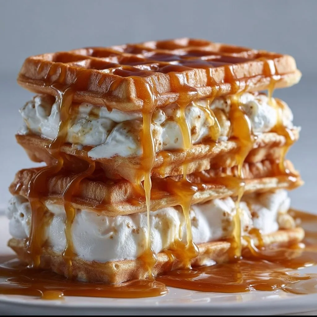 Delicious caramel cream waffles topped with syrup and whipped cream