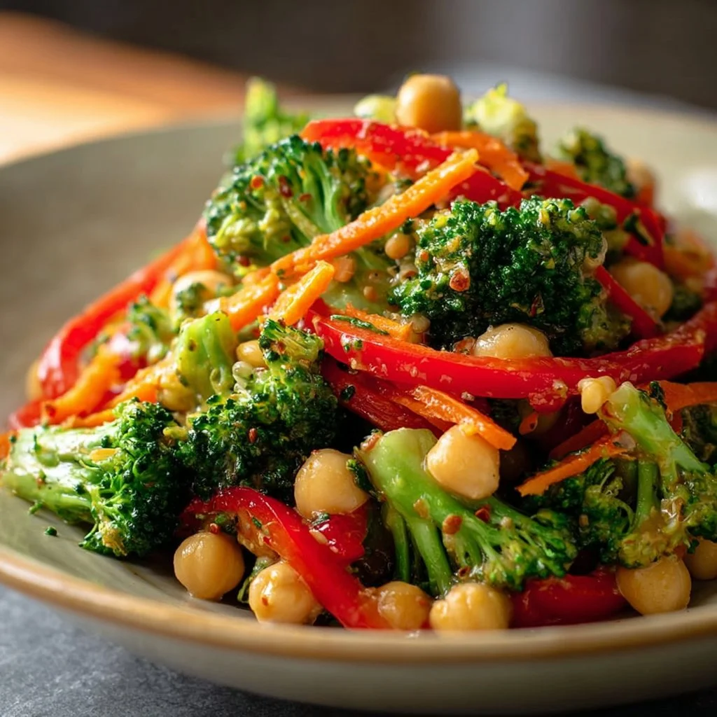 Chickpea stir-fry with broccoli and garlic sauce served in a bowl.