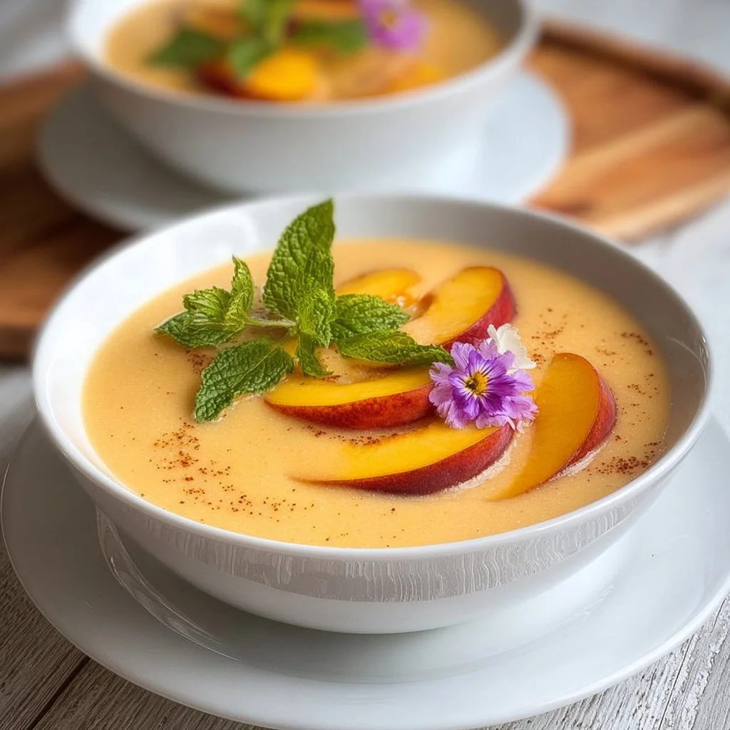 Chilled peach soup served in a bowl with fresh peaches and mint garnish.