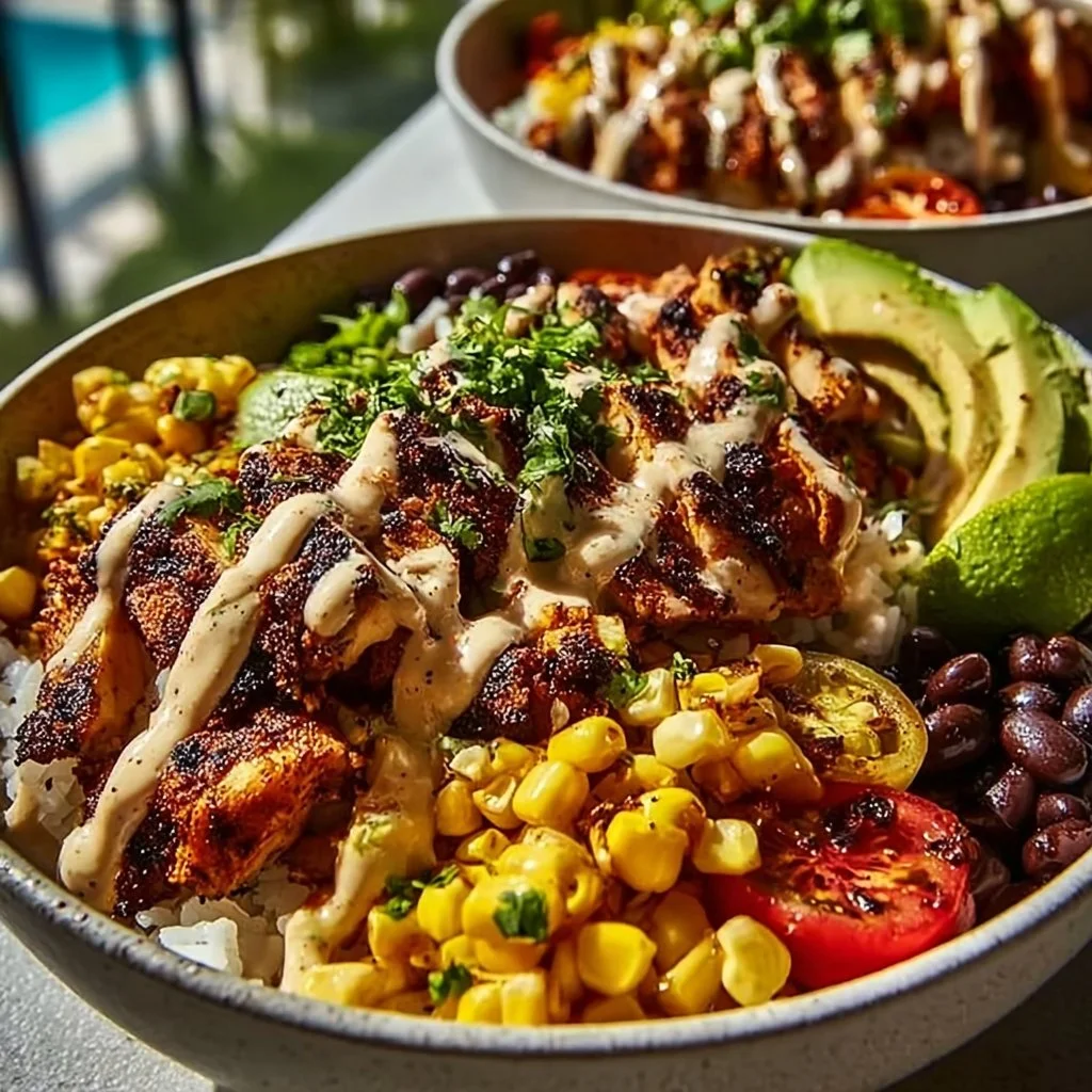 Chipotle Chicken Bowl featuring black beans, corn, and creamy sauce for a tasty meal.