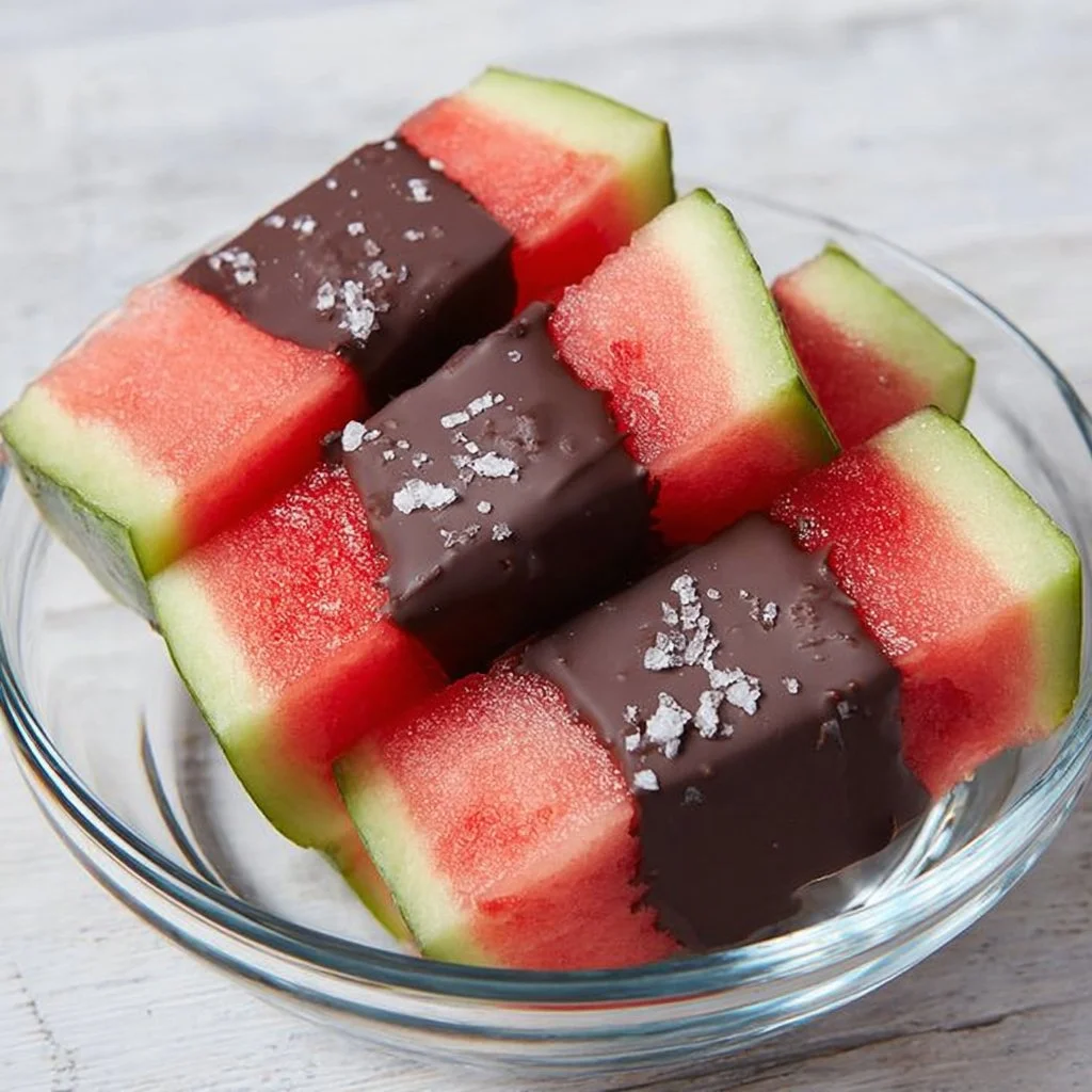 Deliciously dipped chocolate covered watermelon slices on a plate