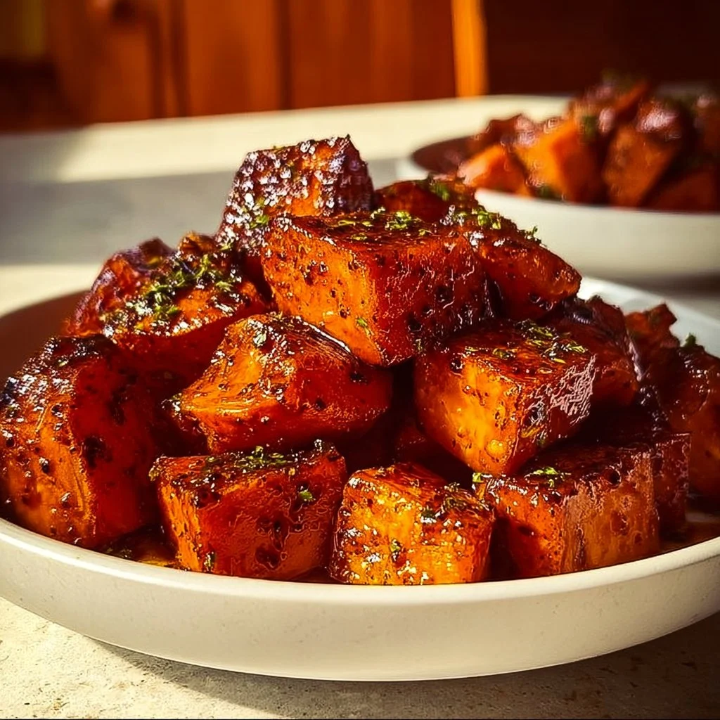 A platter of cinnamon maple roasted sweet potatoes garnished with herbs.