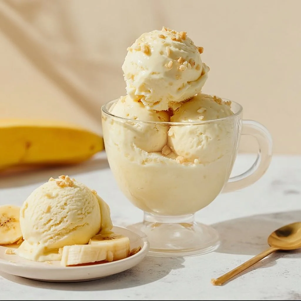 A bowl of creamy banana ice cream topped with banana slices and a sprinkle of nuts.