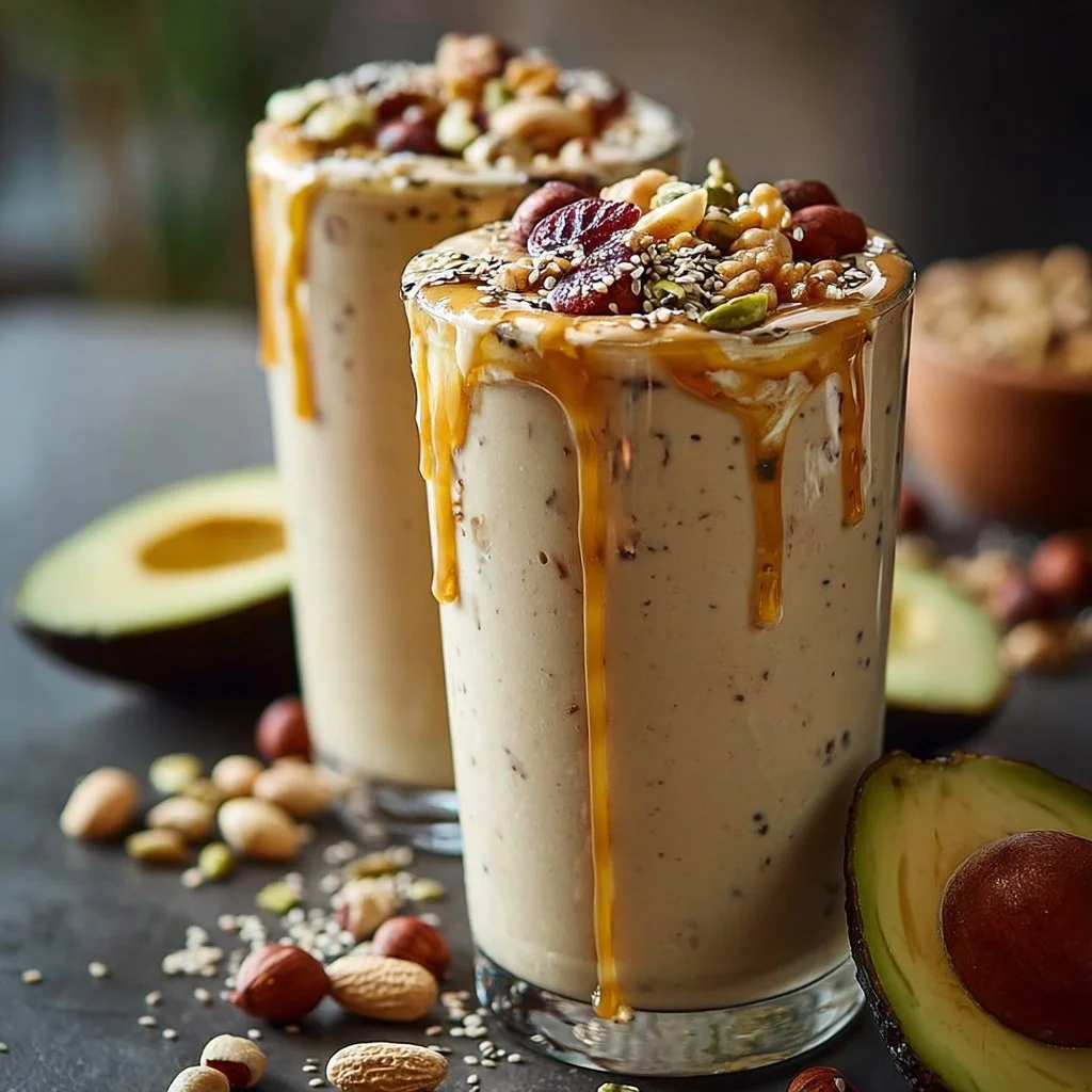 Creamy nutty smoothie garnished with nuts and fruits in a glass