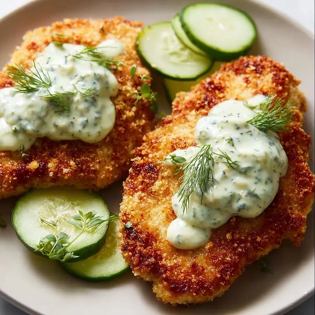 Crispy dill pickle parmesan chicken served on a plate, garnished with herbs.
