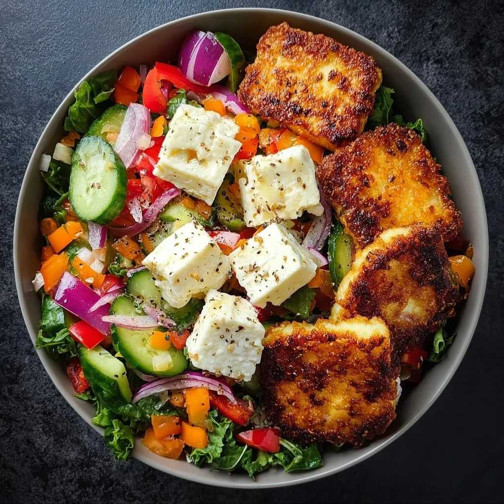 Crispy Halloumi Greek Power Bowl featuring fresh ingredients and vibrant colors
