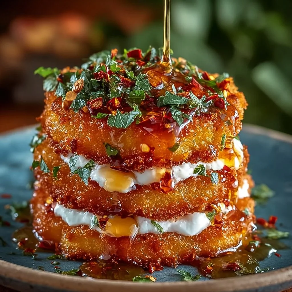 Crispy sweet potato cakes topped with feta cream and sriracha honey drizzle