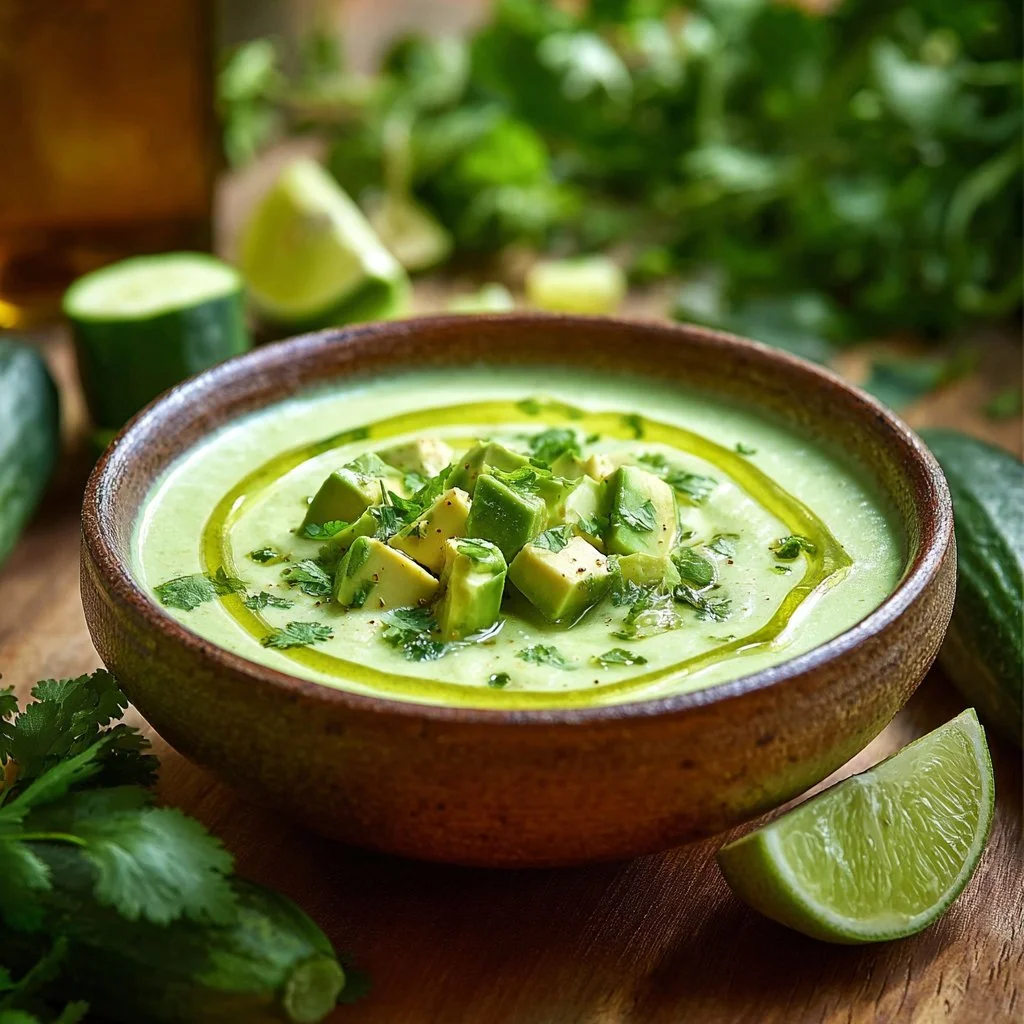 Bowl of Cucumber Avocado Gazpacho topped with fresh herbs and vegetables