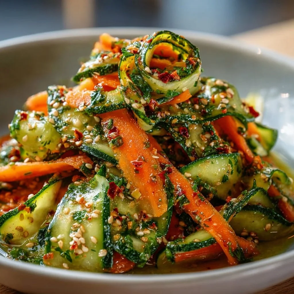 Fresh Cucumber Carrot Salad with dressing and herbs